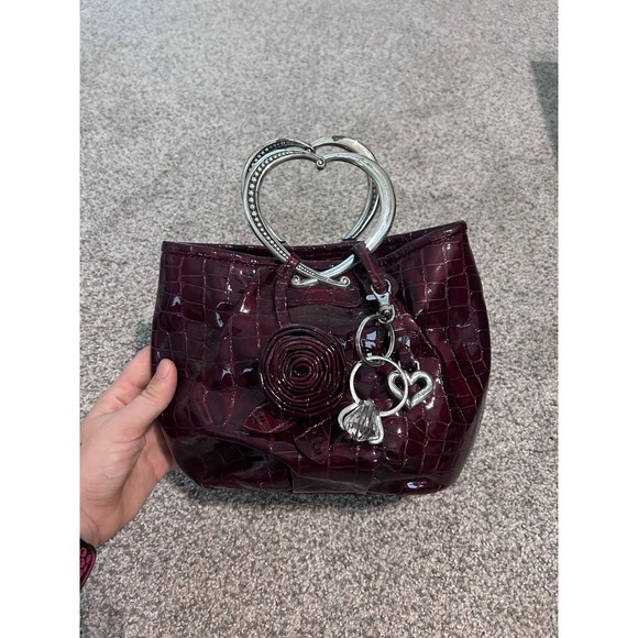 Brighton Angelina DK ppka Burgundy Croc Embossed Heart Handle Charm Satchel Bag - Picture 1 of 10